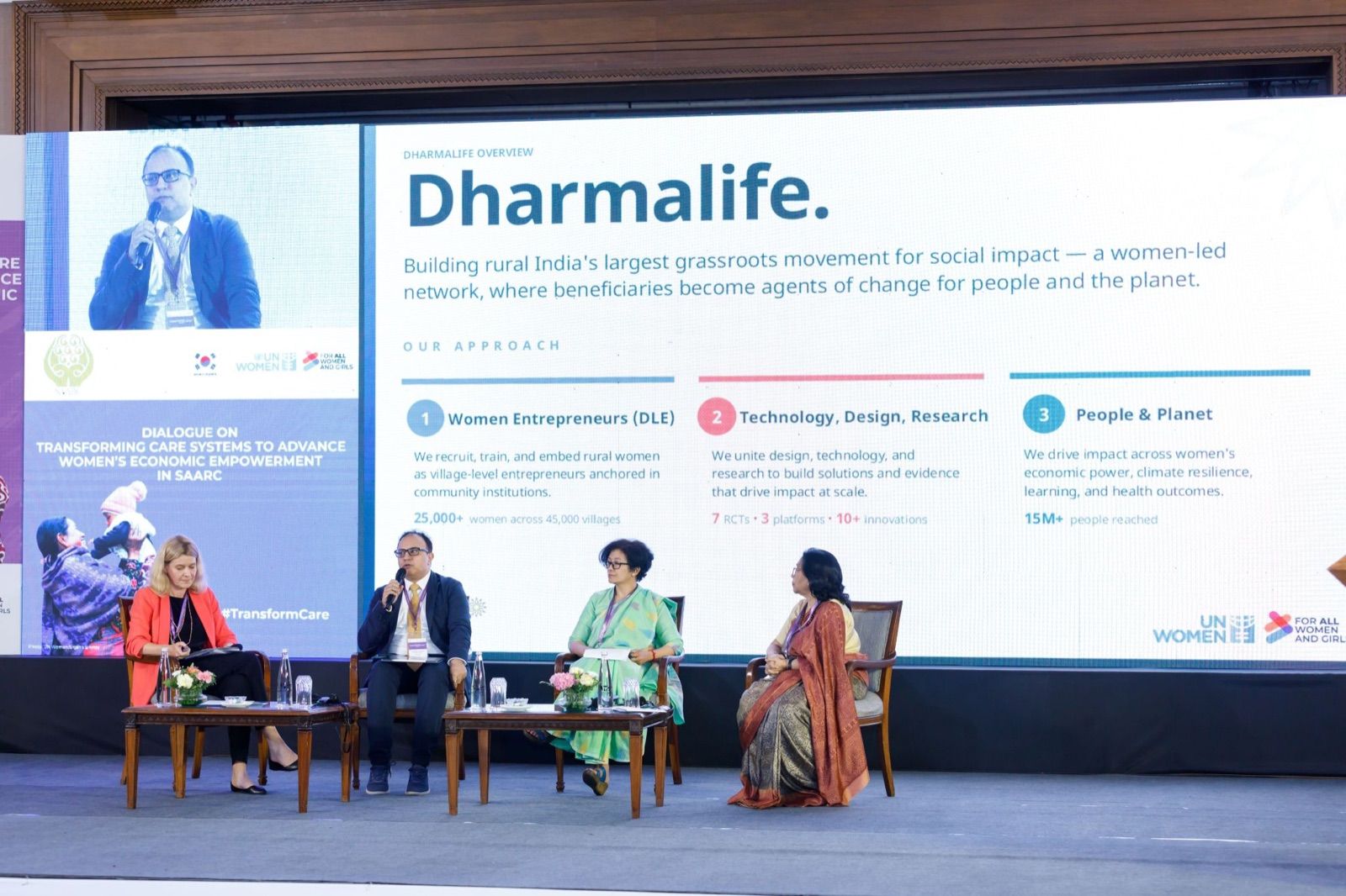Panel at the TransformCare dialogue on care systems in SAARC, with Gaurav Mehta presenting Dharmalife.